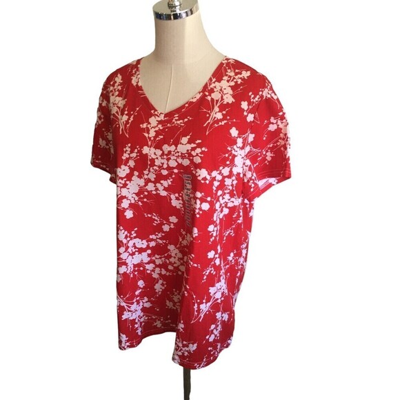 Hot Cotton Size Extra Large Top Red Short Sleeve White Plant Print Lagenlook - Picture 2 of 6